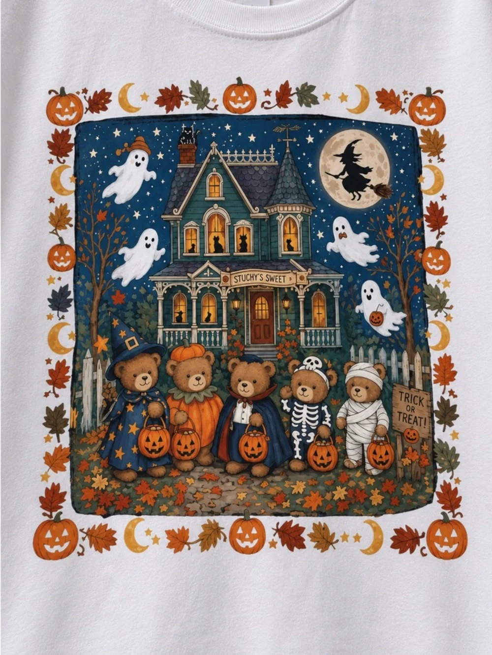 Halloween Bear Family and Ghost Graphic White T-Shirt